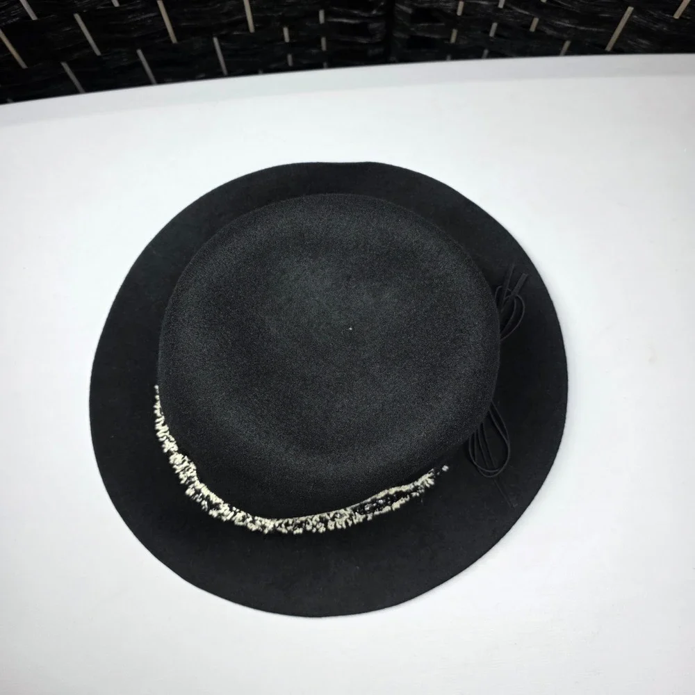 Nine West Black 100% Wool Fedora Hat Tweed Band Bow Accent One Size Wide Brim